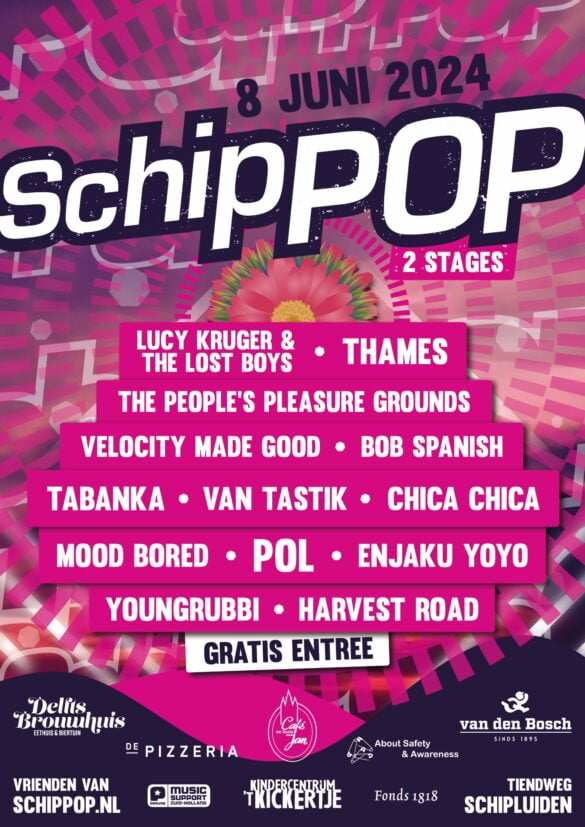 Muziekfestival poster Schippop met line-up en gratis entree.